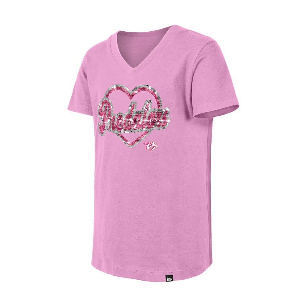 NHL Nashville Predators New Era Girl's Youth Flip Sequin V-Neck T-Shirt - Pink