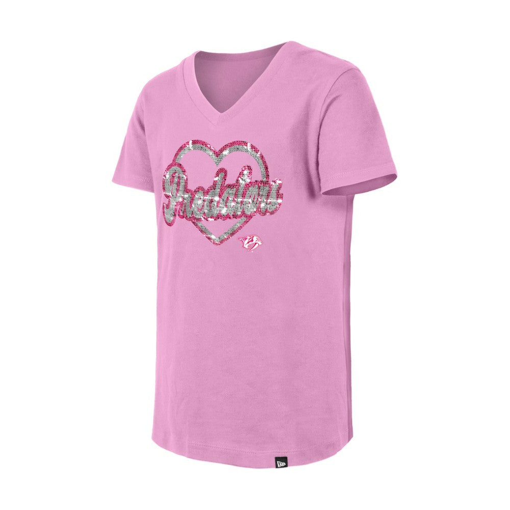 NHL Nashville Predators New Era Girl's Youth Flip Sequin V-Neck T-Shirt - Pink
