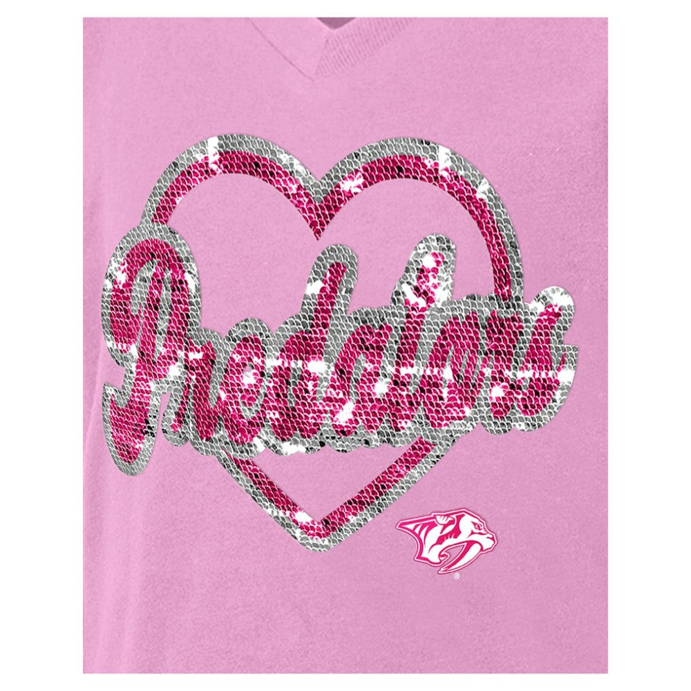 NHL Nashville Predators New Era Girl's Youth Flip Sequin V-Neck T-Shirt - Pink