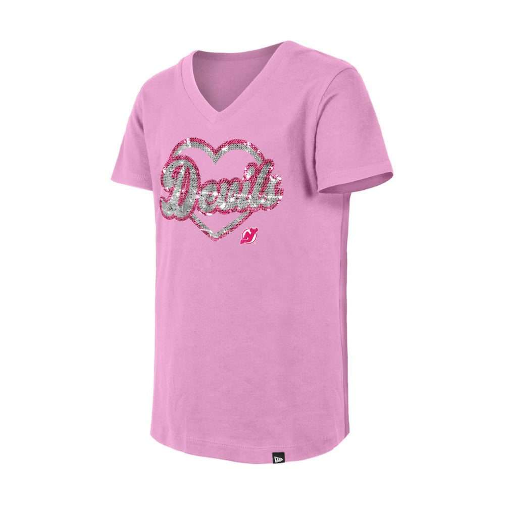 NHL New Jersey Devils New Era Girl's Youth Flip Sequin V-Neck T-Shirt - Pink
