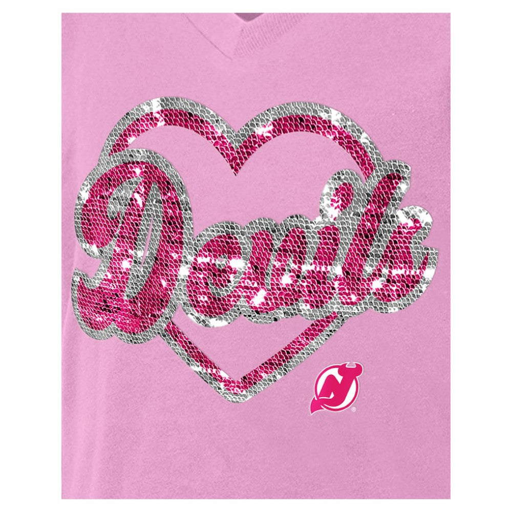 NHL New Jersey Devils New Era Girl's Youth Flip Sequin V-Neck T-Shirt - Pink