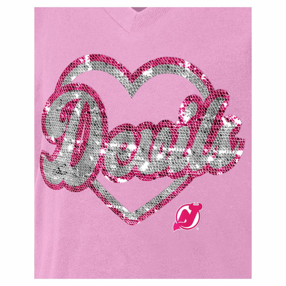 NHL New Jersey Devils New Era Girl's Youth Flip Sequin V-Neck T-Shirt - Pink