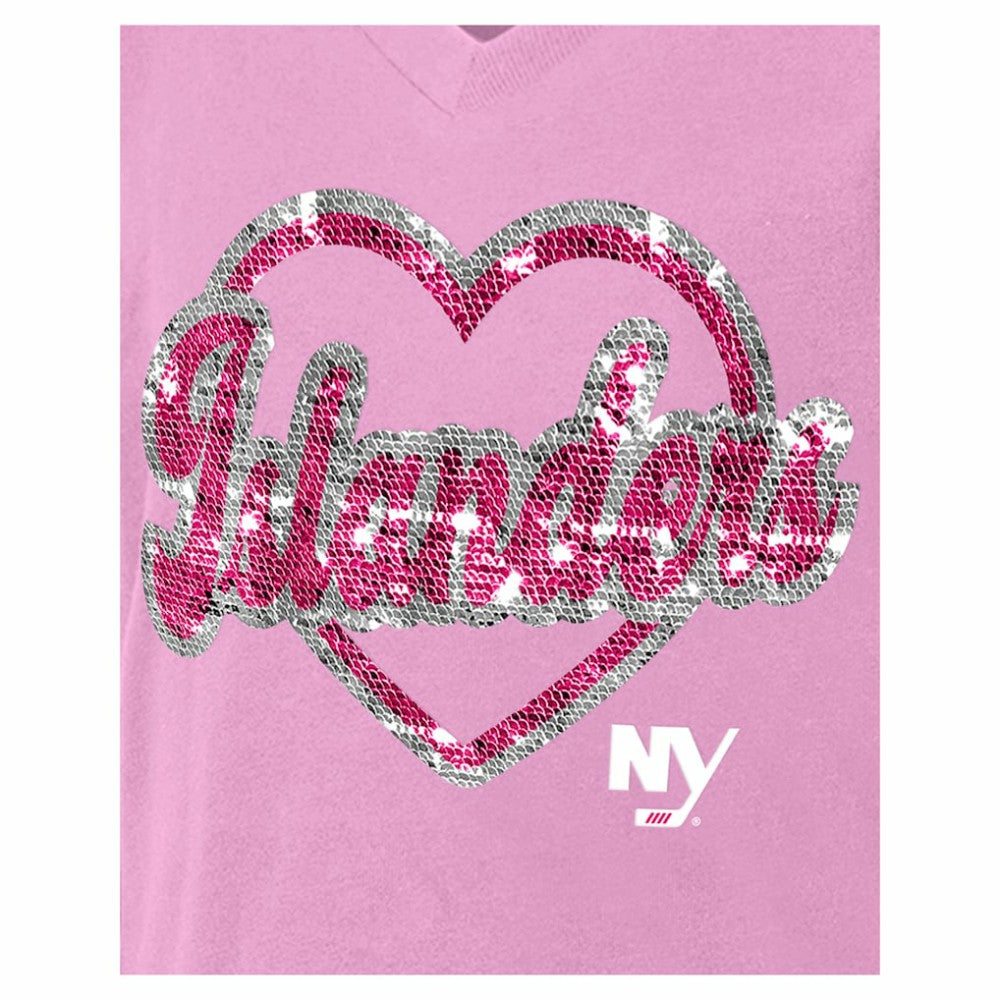 NHL New York Islanders New Era Girl's Youth Flip Sequin V-Neck T-Shirt - Pink