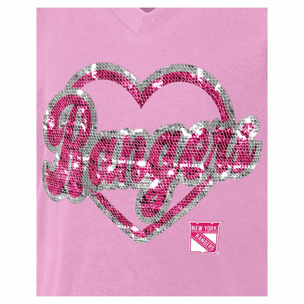 NHL New York Rangers New Era Girl's Youth Flip Sequin V-Neck T-Shirt - Pink
