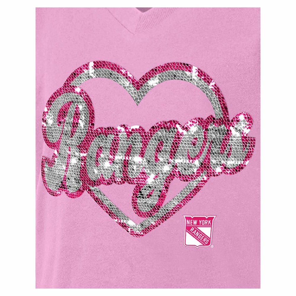 NHL New York Rangers New Era Girl's Youth Flip Sequin V-Neck T-Shirt - Pink