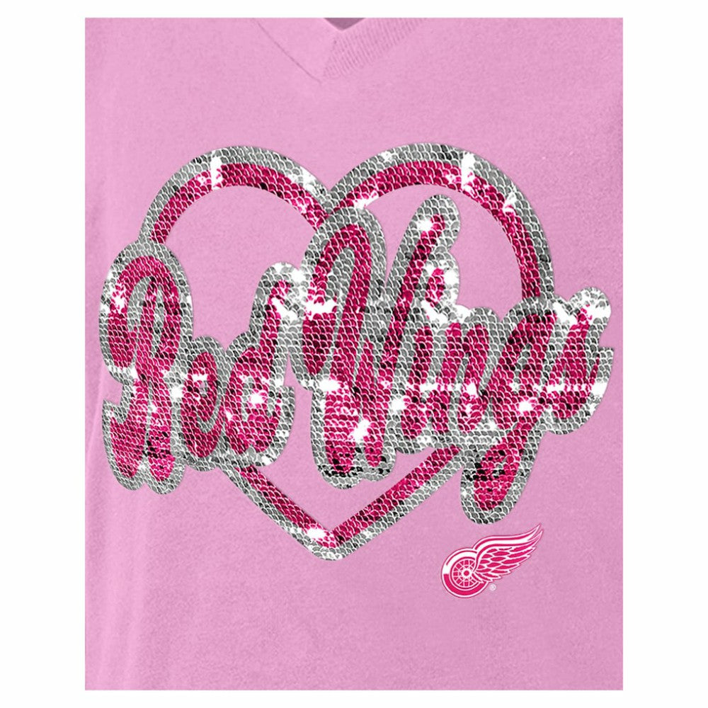 NHL Detroit Red Wings New Era Girl's Youth Flip Sequin V-Neck T-Shirt - Pink