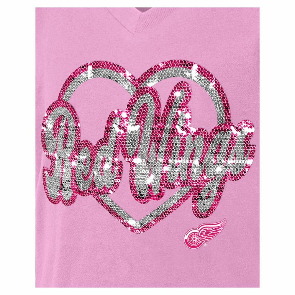 NHL Detroit Red Wings New Era Girl's Youth Flip Sequin V-Neck T-Shirt - Pink