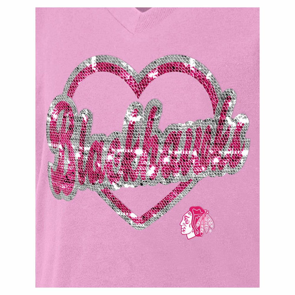 NHL Chicago Blackhawks New Era Girl's Youth Flip Sequin V-Neck T-Shirt - Pink