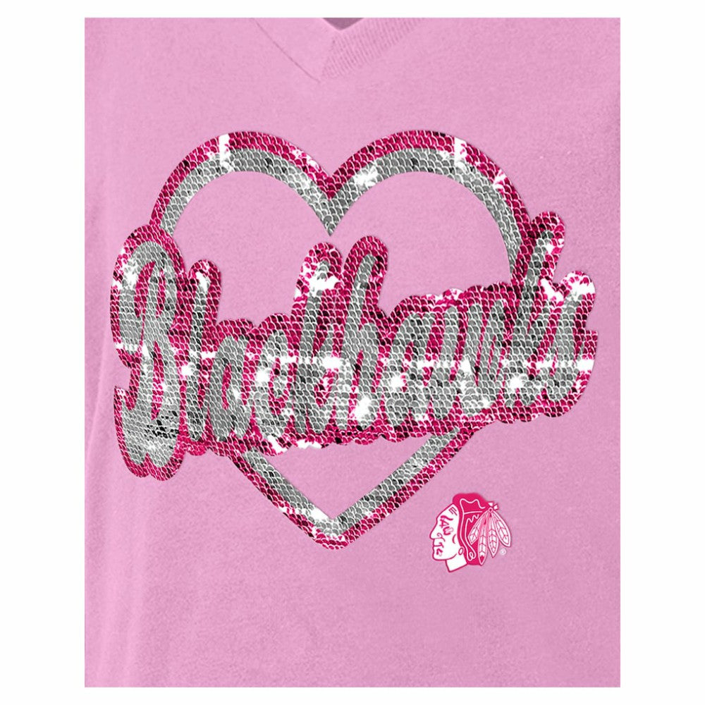 NHL Chicago Blackhawks New Era Girl's Youth Flip Sequin V-Neck T-Shirt - Pink