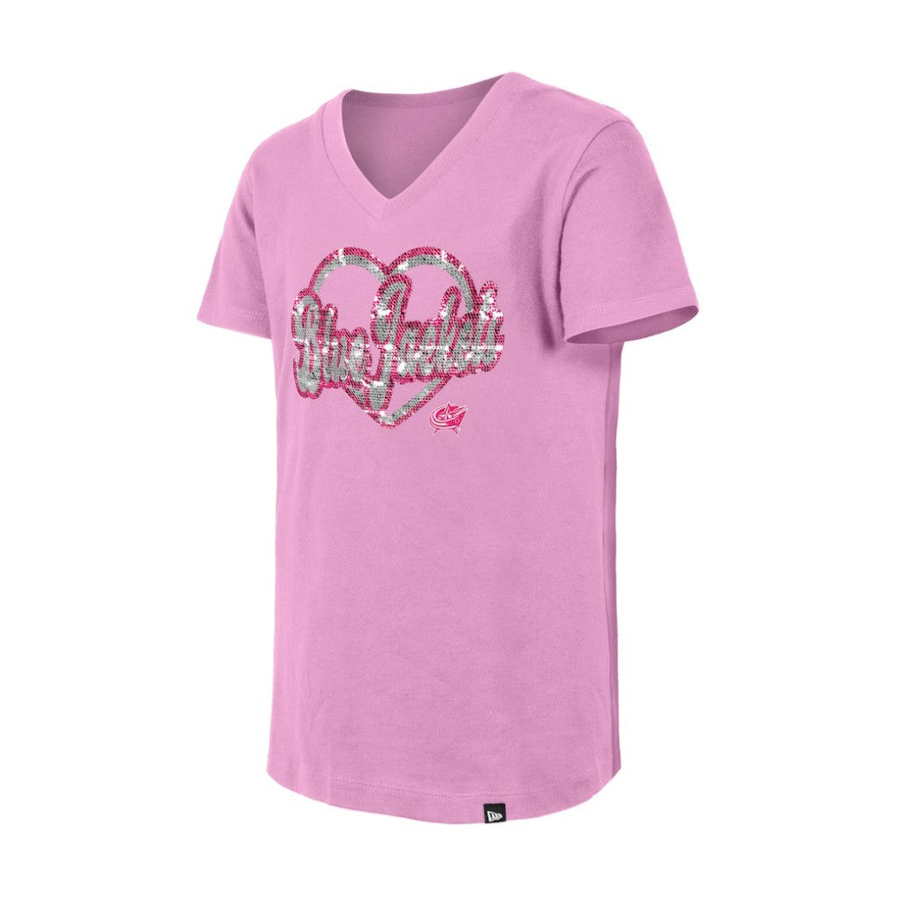 NHL Columbus Blue Jackets New Era Girl's Youth Flip Sequin V-Neck T-Shirt - Pink