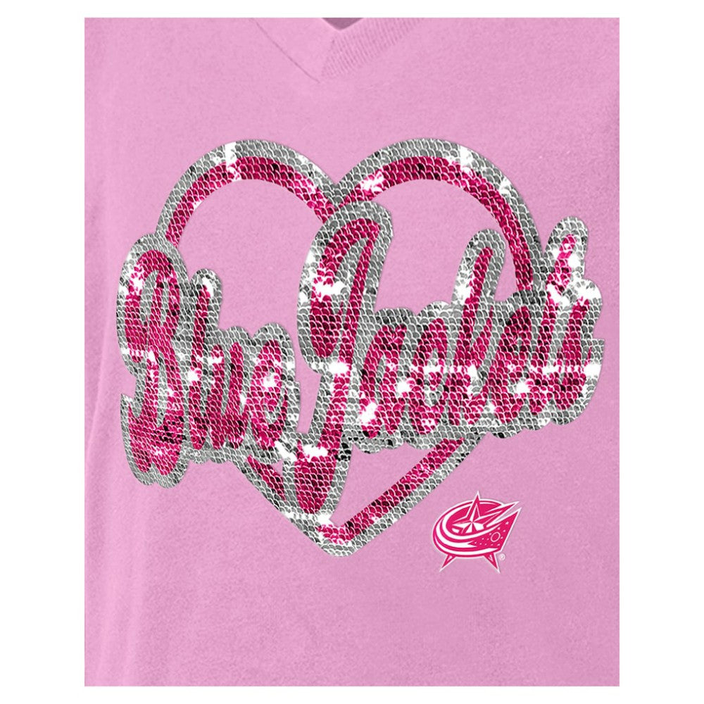 NHL Columbus Blue Jackets New Era Girl's Youth Flip Sequin V-Neck T-Shirt - Pink