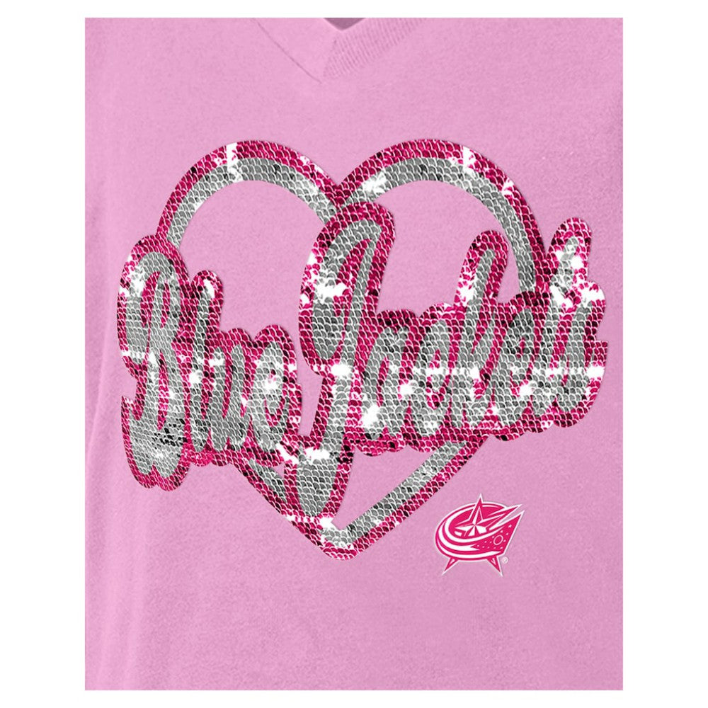 NHL Columbus Blue Jackets New Era Girl's Youth Flip Sequin V-Neck T-Shirt - Pink