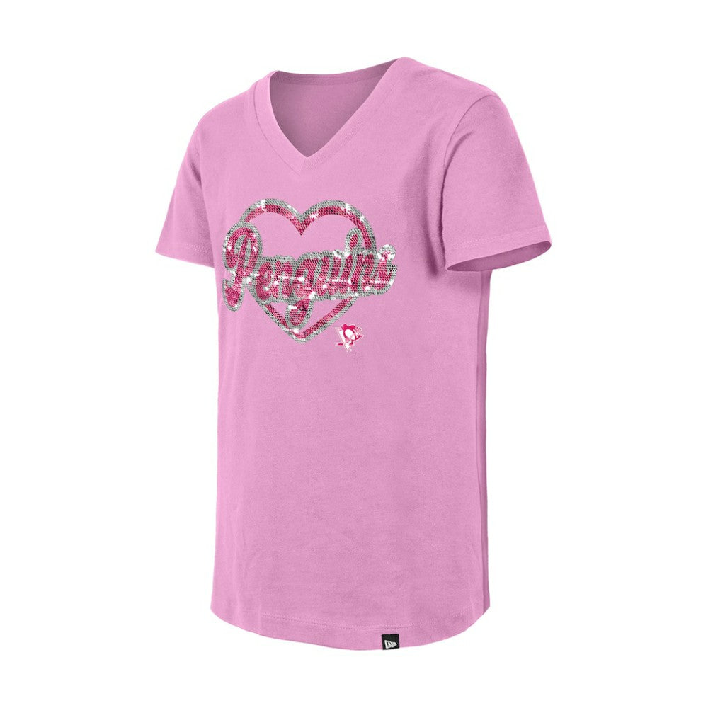 NHL Pittsburgh Penguins New Era Girl's Youth Flip Sequin V-Neck T-Shirt - Pink