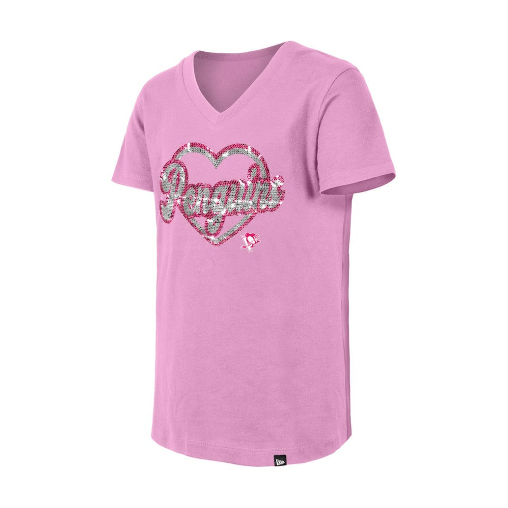 NHL Pittsburgh Penguins New Era Girl's Youth Flip Sequin V-Neck T-Shirt - Pink