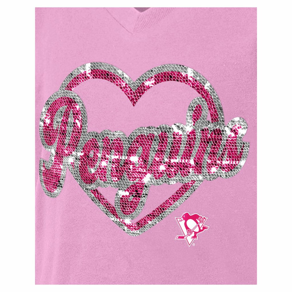 NHL Pittsburgh Penguins New Era Girl's Youth Flip Sequin V-Neck T-Shirt - Pink