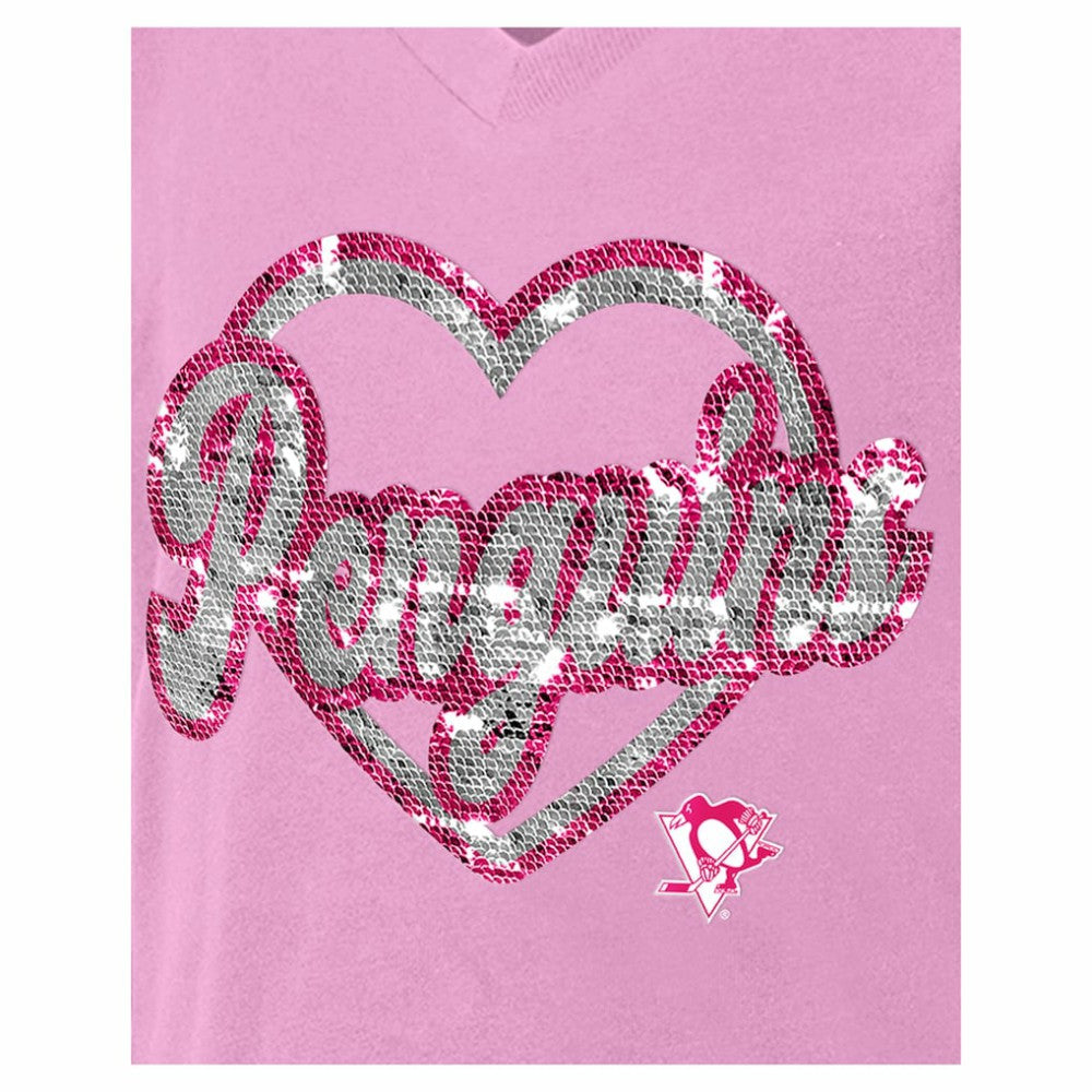 NHL Pittsburgh Penguins New Era Girl's Youth Flip Sequin V-Neck T-Shirt - Pink