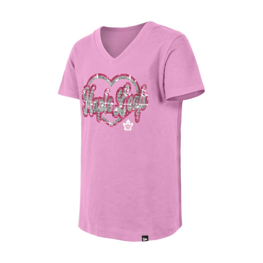 NHL Toronto Maple Leafs New Era Girl's Youth Flip Sequin V-Neck T-Shirt - Pink