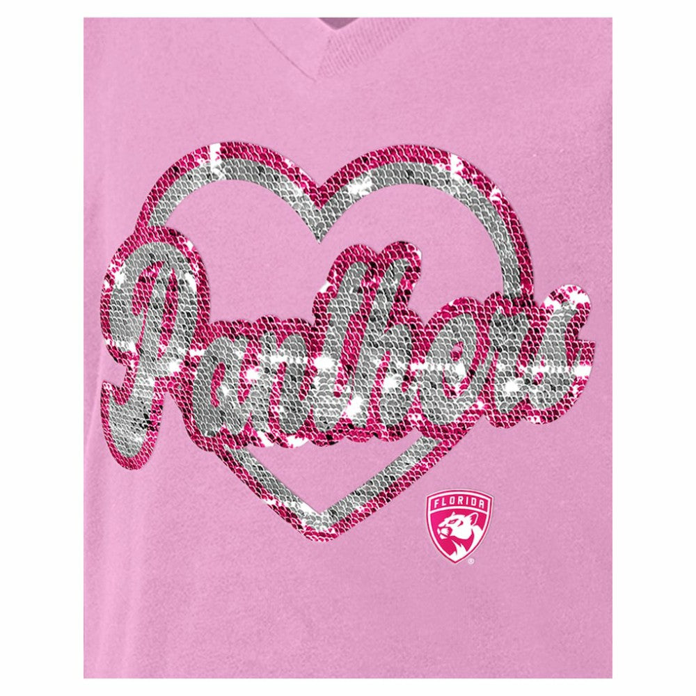 NHL Florida Panthers New Era Girl's Youth Flip Sequin V-Neck T-Shirt - Pink
