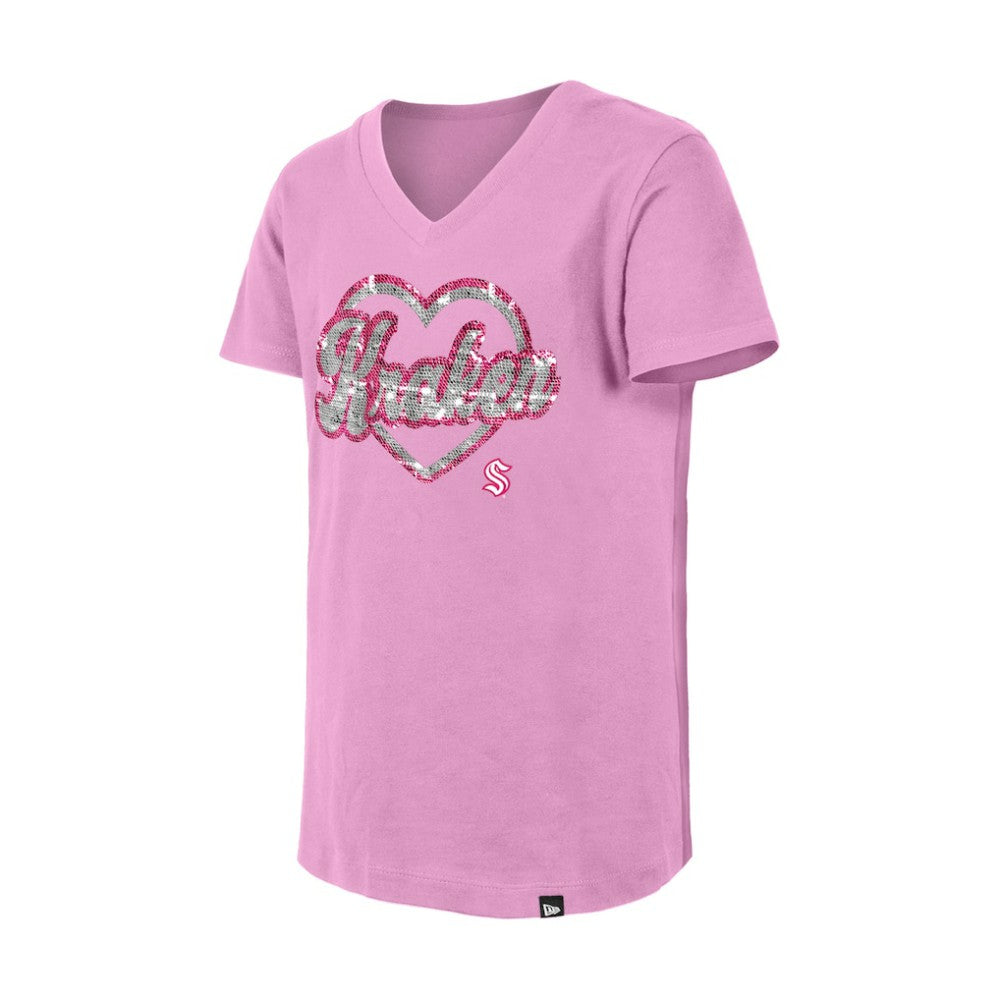 NHL Seattle Kraken New Era Girl's Youth Flip Sequin V-Neck T-Shirt - Pink