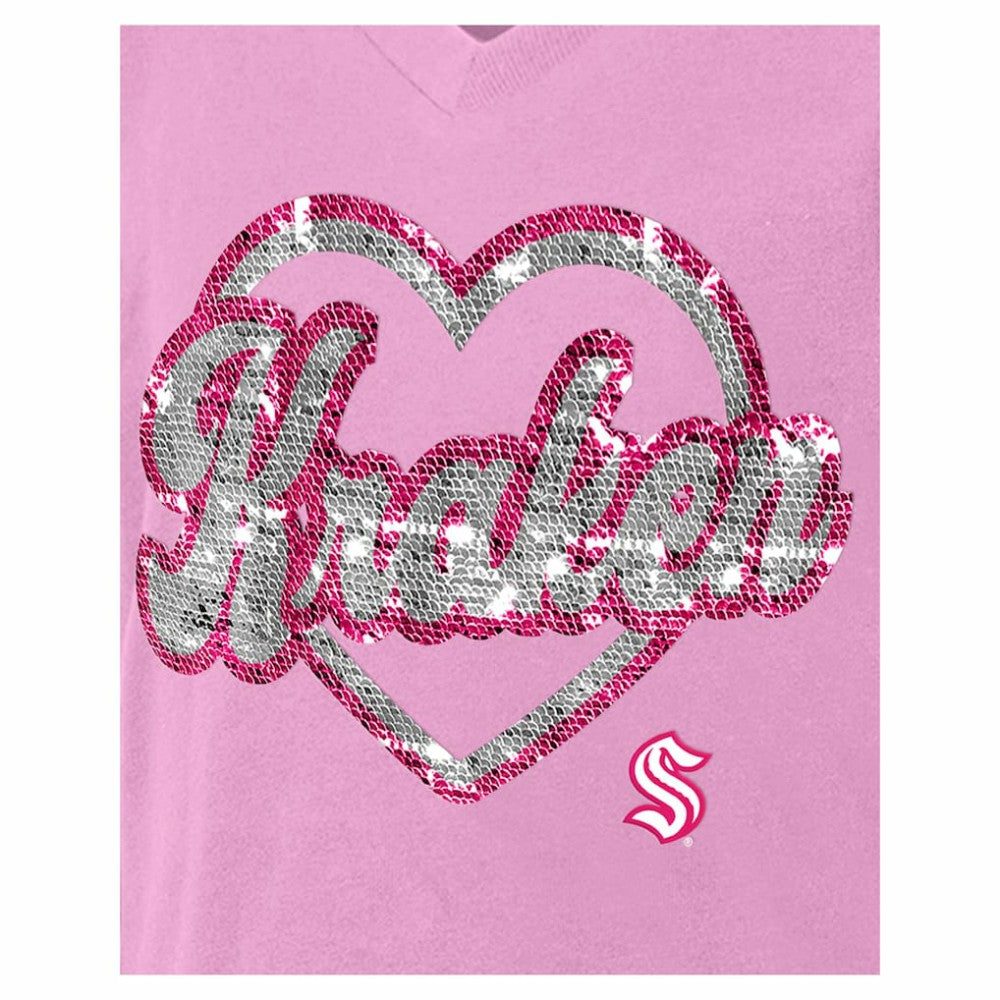 NHL Seattle Kraken New Era Girl's Youth Flip Sequin V-Neck T-Shirt - Pink