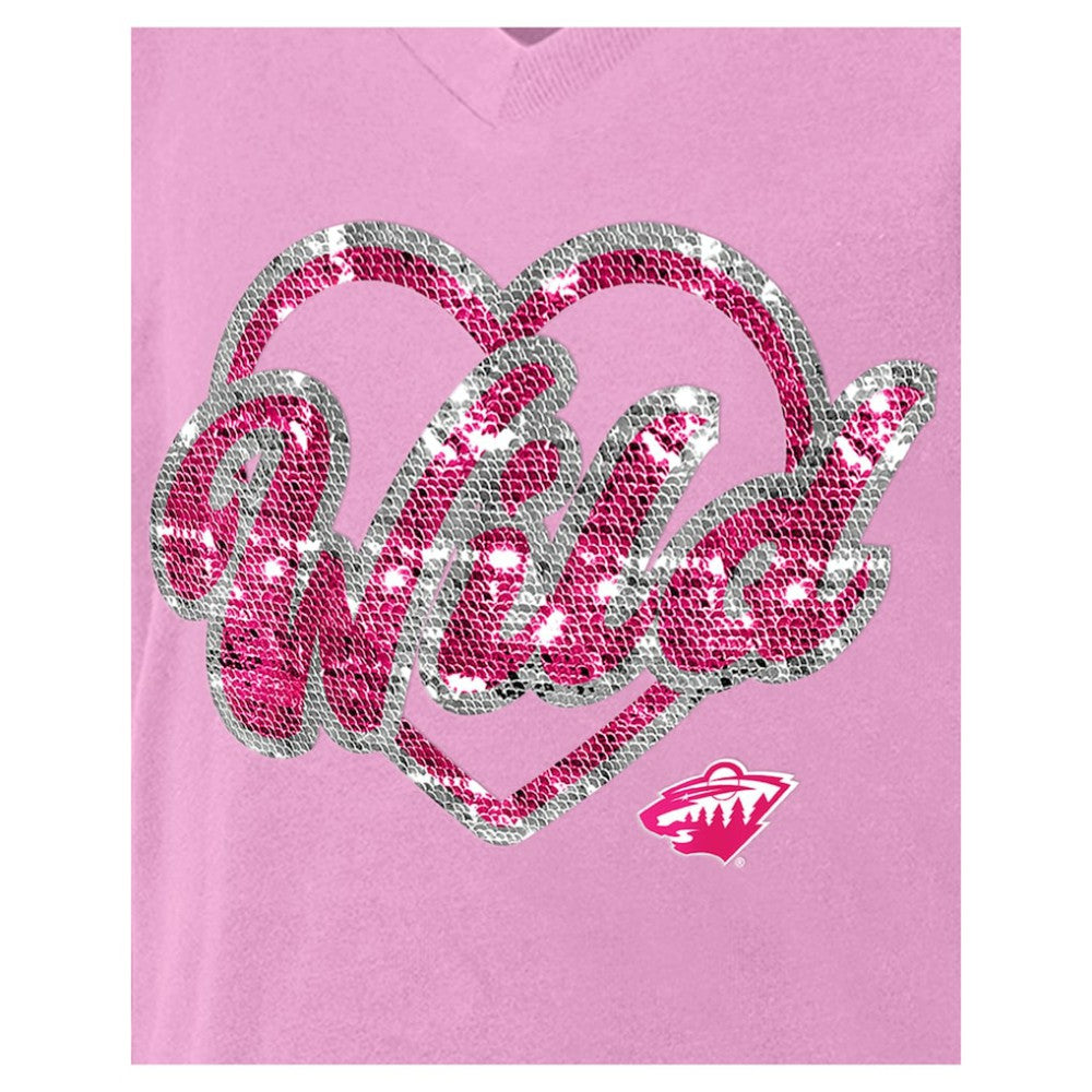 NHL Minnesota Wild New Era Girl's Youth Flip Sequin V-Neck T-Shirt - Pink