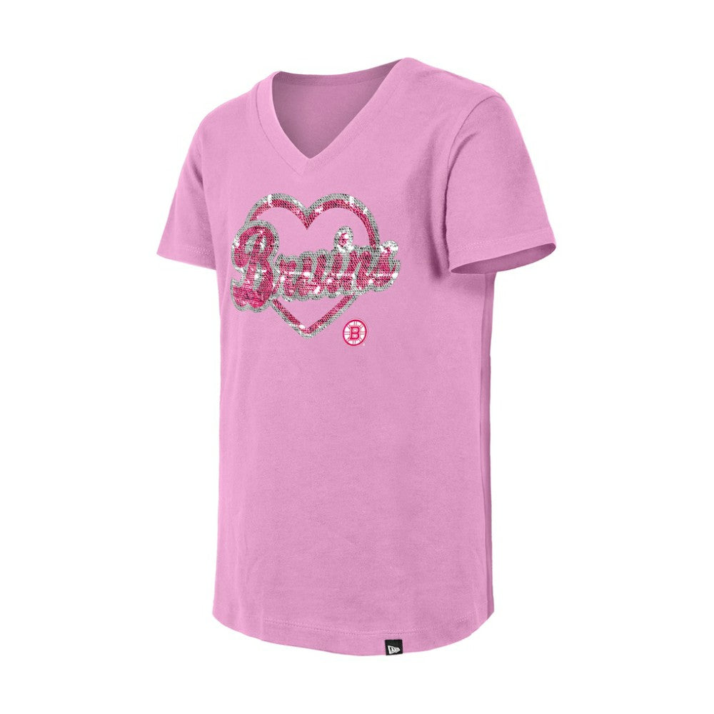 NHL Boston Bruins New Era Girl's Youth Flip Sequin V-Neck T-Shirt - Pink
