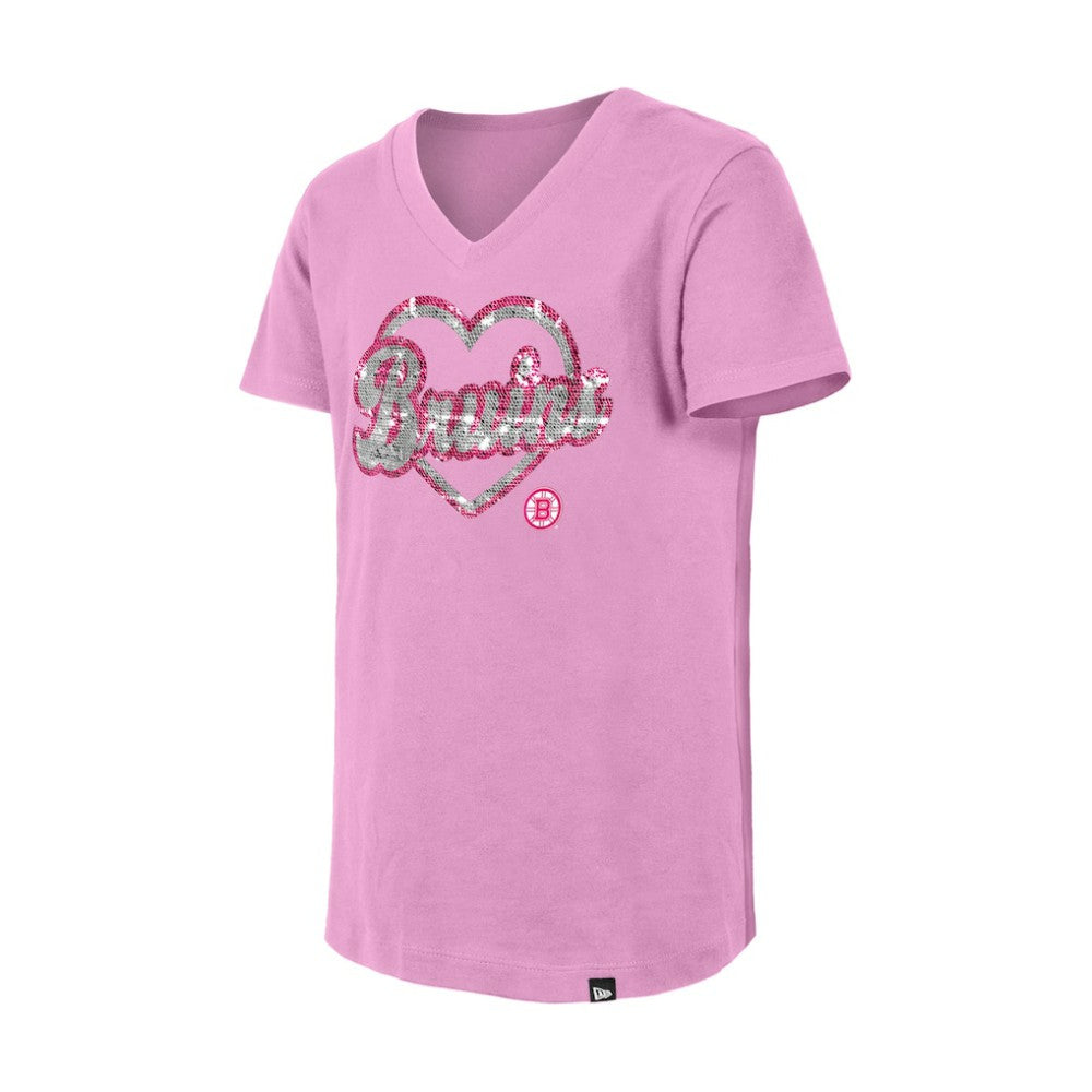 NHL Boston Bruins New Era Girl's Youth Flip Sequin V-Neck T-Shirt - Pink