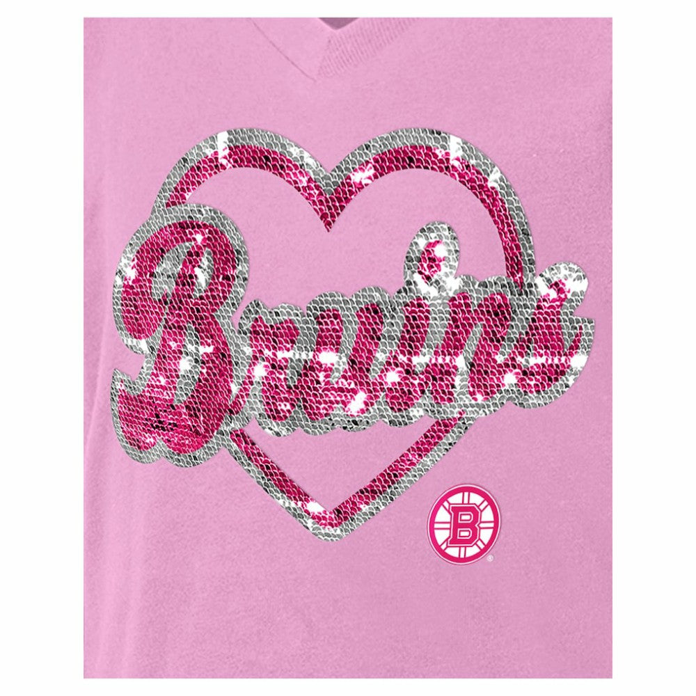 NHL Boston Bruins New Era Girl's Youth Flip Sequin V-Neck T-Shirt - Pink