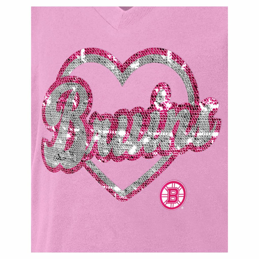 NHL Boston Bruins New Era Girl's Youth Flip Sequin V-Neck T-Shirt - Pink