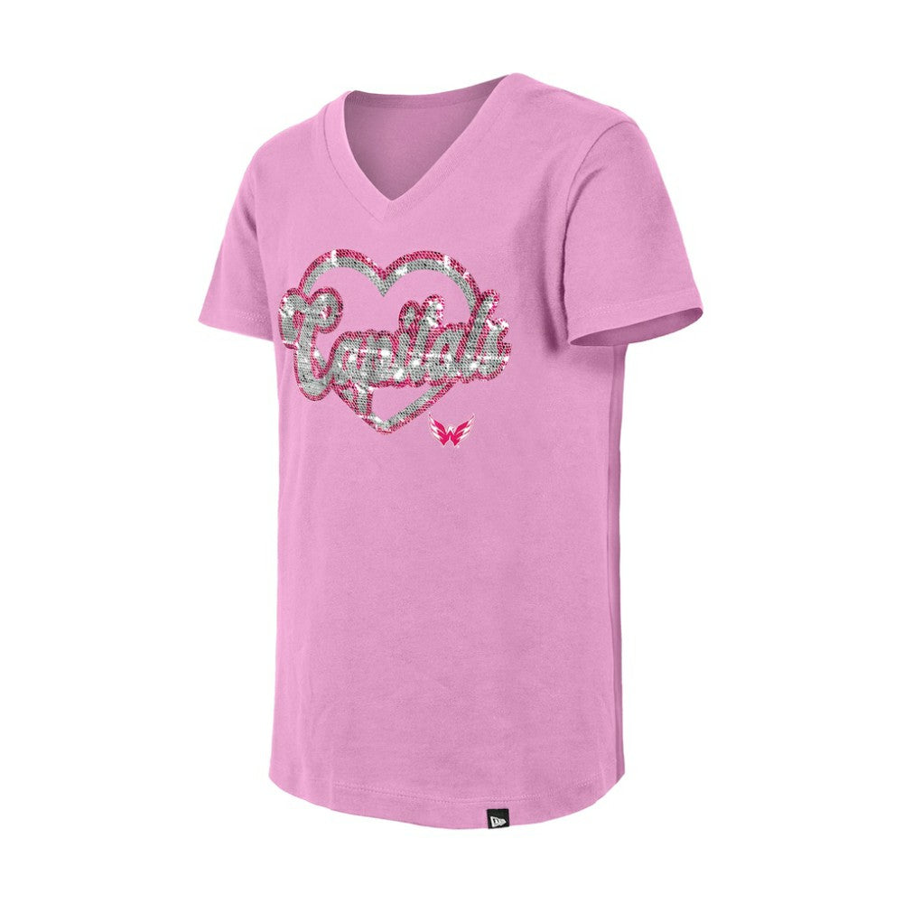 NHL Washington Capitals New Era Girl's Youth Flip Sequin V-Neck T-Shirt - Pink