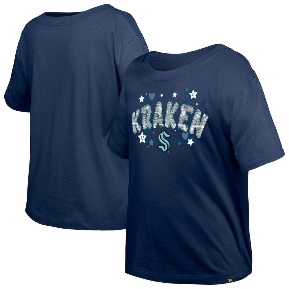 NHL Seattle Kraken New Era Girl's Youth Flip Sequin T-Shirt - Deep Sea Blue