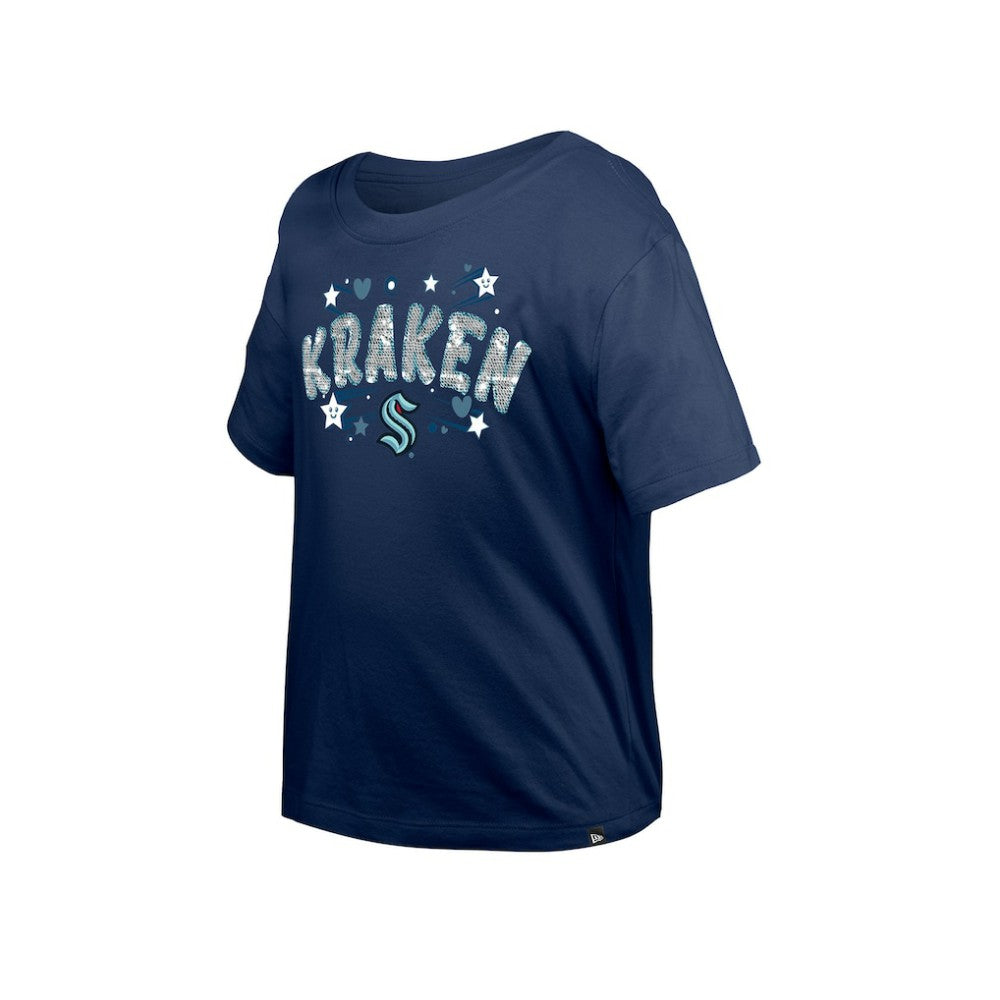 NHL Seattle Kraken New Era Girl's Youth Flip Sequin T-Shirt - Deep Sea Blue