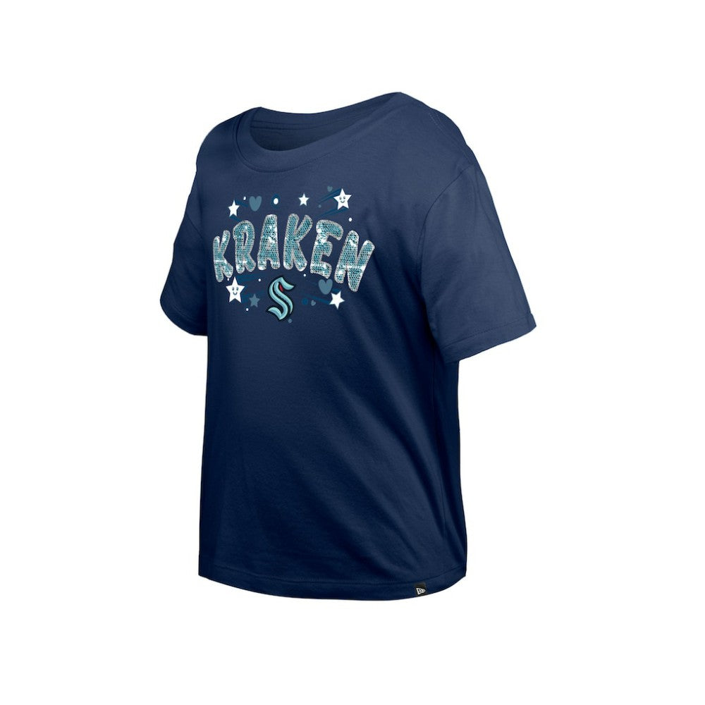 NHL Seattle Kraken New Era Girl's Youth Flip Sequin T-Shirt - Deep Sea Blue