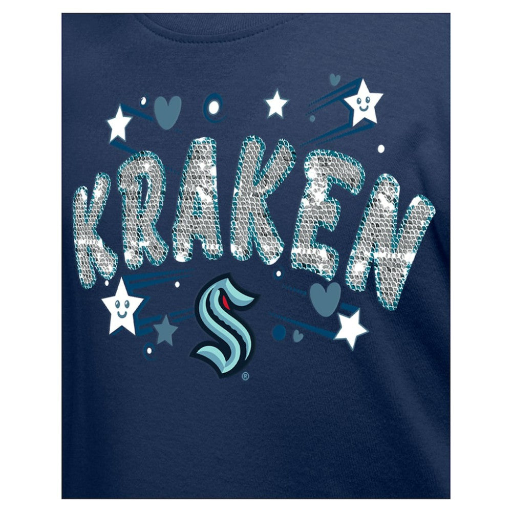 NHL Seattle Kraken New Era Girl's Youth Flip Sequin T-Shirt - Deep Sea Blue
