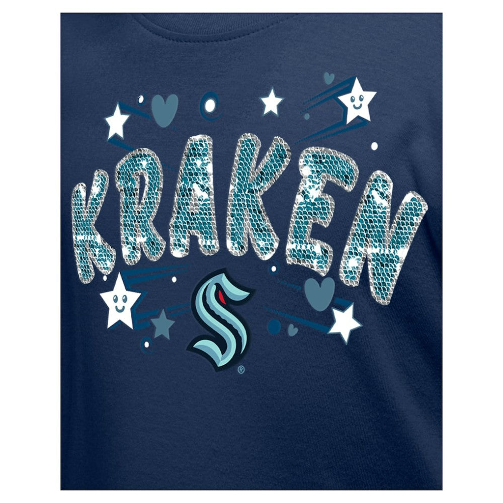 NHL Seattle Kraken New Era Girl's Youth Flip Sequin T-Shirt - Deep Sea Blue
