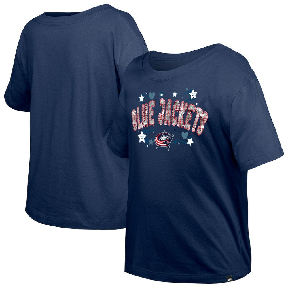 NHL Columbus Blue Jackets New Era Girl's Youth Flip Sequin T-Shirt - Navy