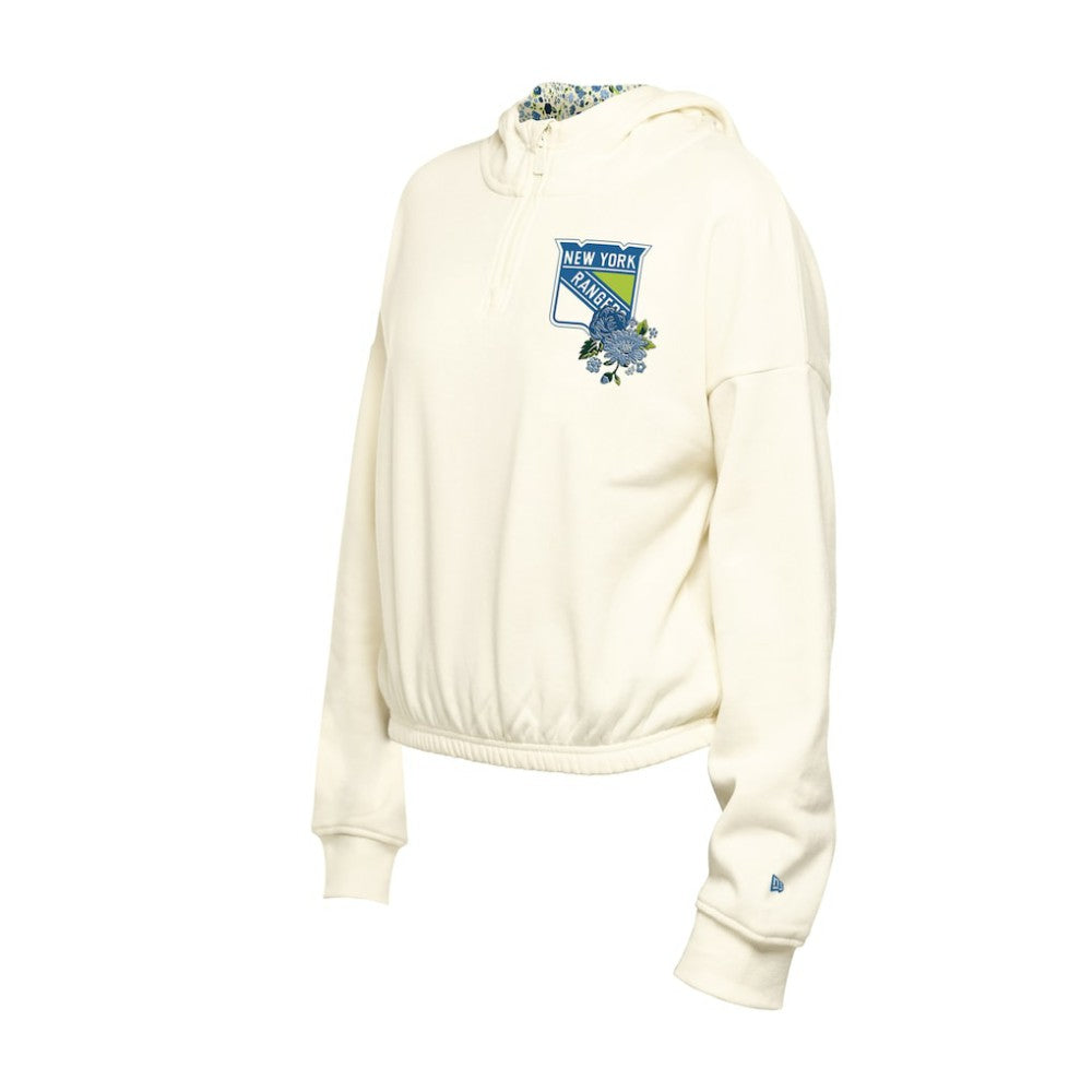 NHL New York Rangers New Era Women's Glam Game Quarter-Zip Cropped Floral Hoodie Pullover - Cream