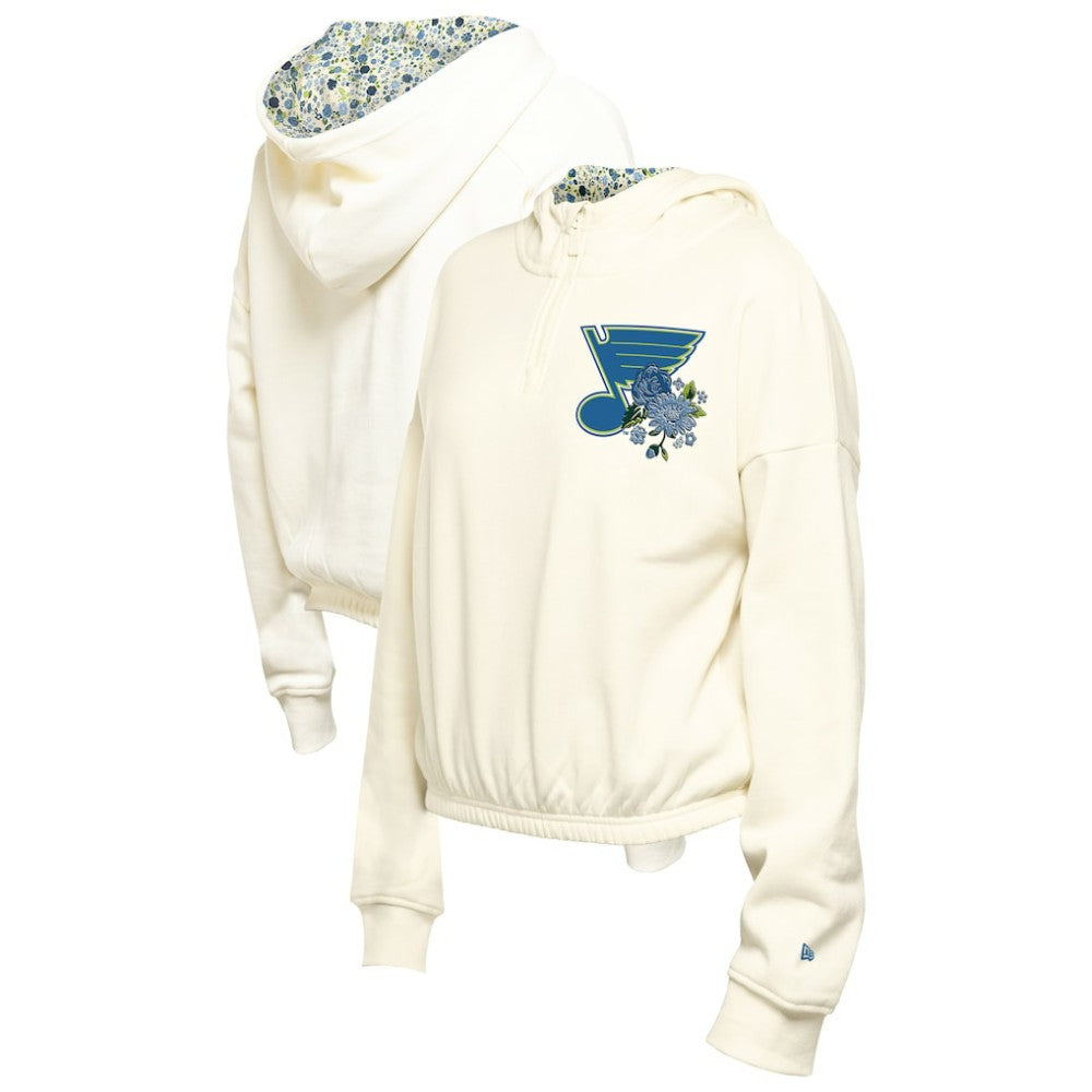 NHL St. Louis Blues New Era Women's Glam Game Quarter-Zip Cropped Floral Hoodie Pullover - Cream