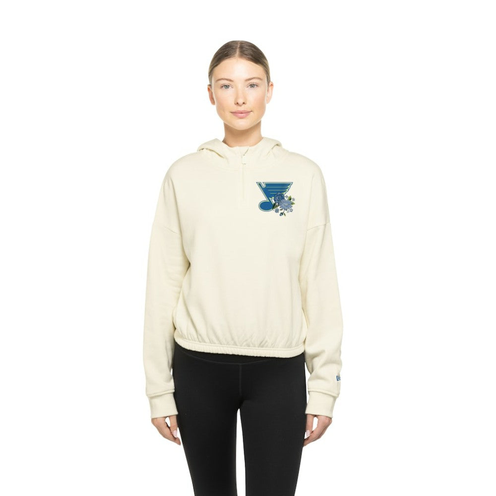 NHL St. Louis Blues New Era Women's Glam Game Quarter-Zip Cropped Floral Hoodie Pullover - Cream