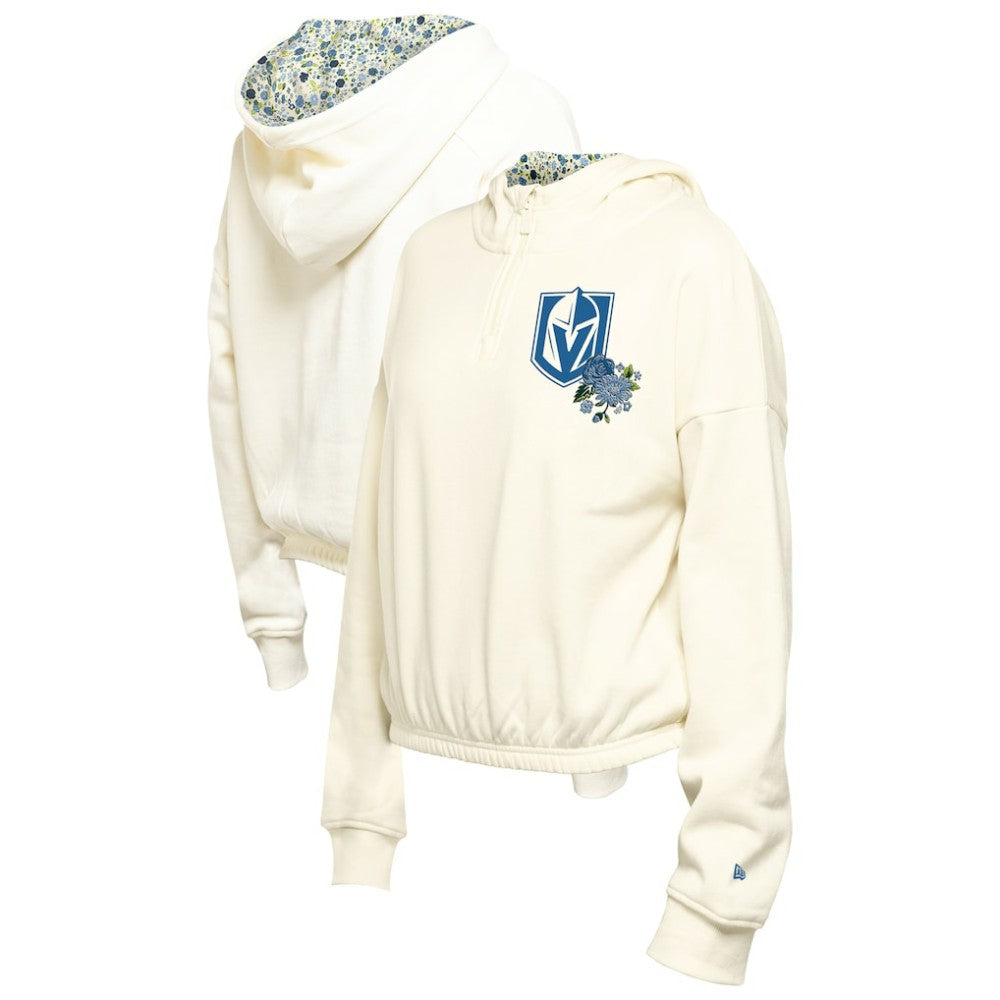 NHL Vegas Golden Knights New Era Women's Glam Game Quarter-Zip Cropped Floral Hoodie Pullover - Cream