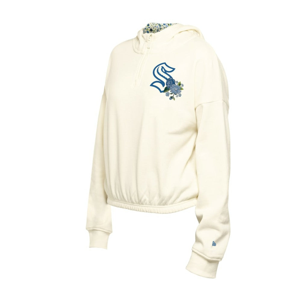 NHL Seattle Kraken New Era Women's Glam Game Quarter-Zip Cropped Floral Hoodie Pullover - Cream
