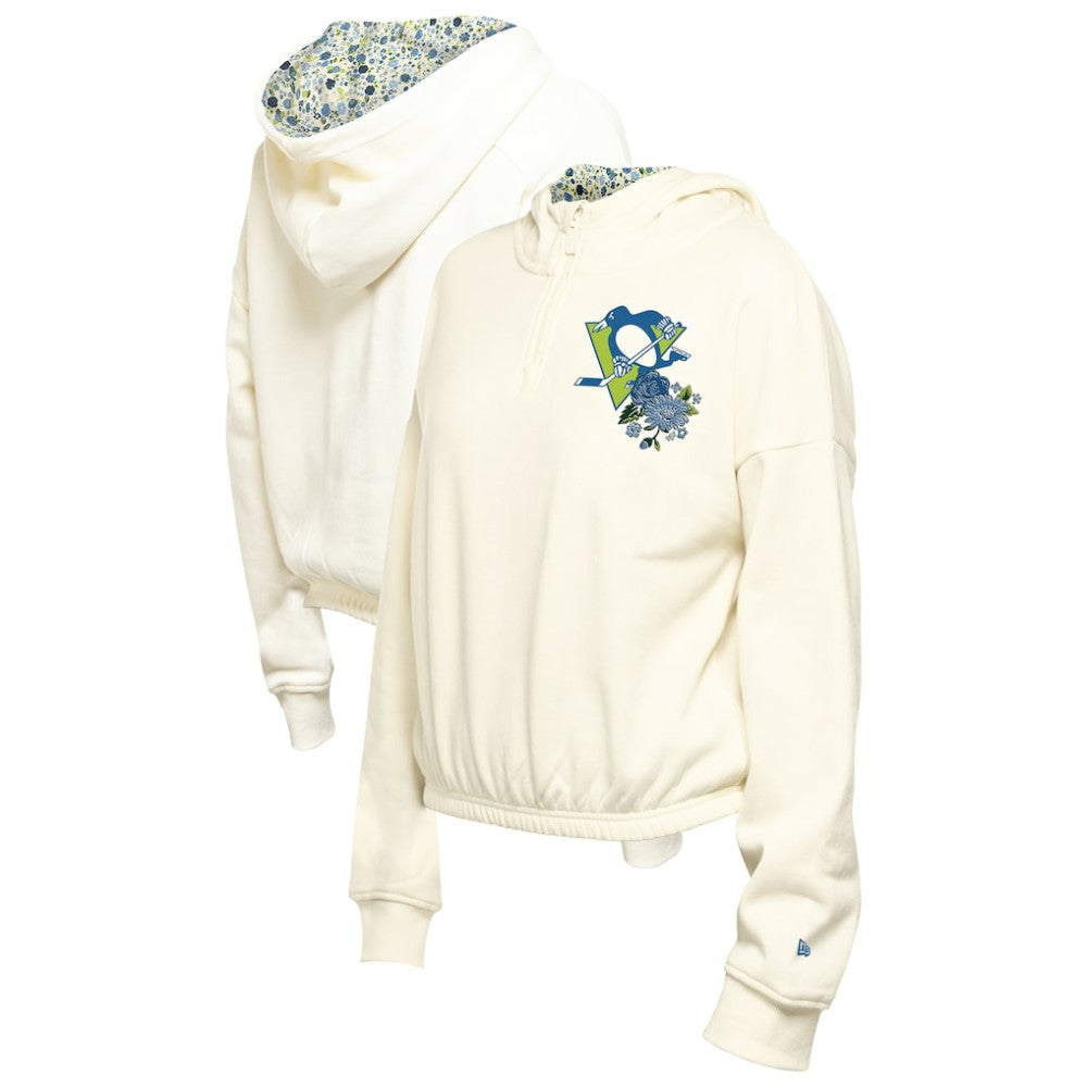 NHL Pittsburgh Penguins New Era Women's Glam Game Quarter-Zip Cropped Floral Hoodie Pullover - Cream