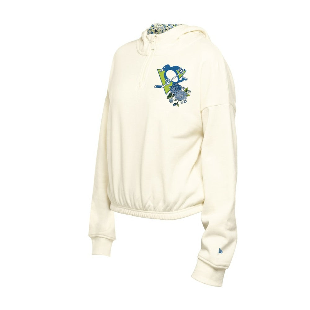 NHL Pittsburgh Penguins New Era Women's Glam Game Quarter-Zip Cropped Floral Hoodie Pullover - Cream