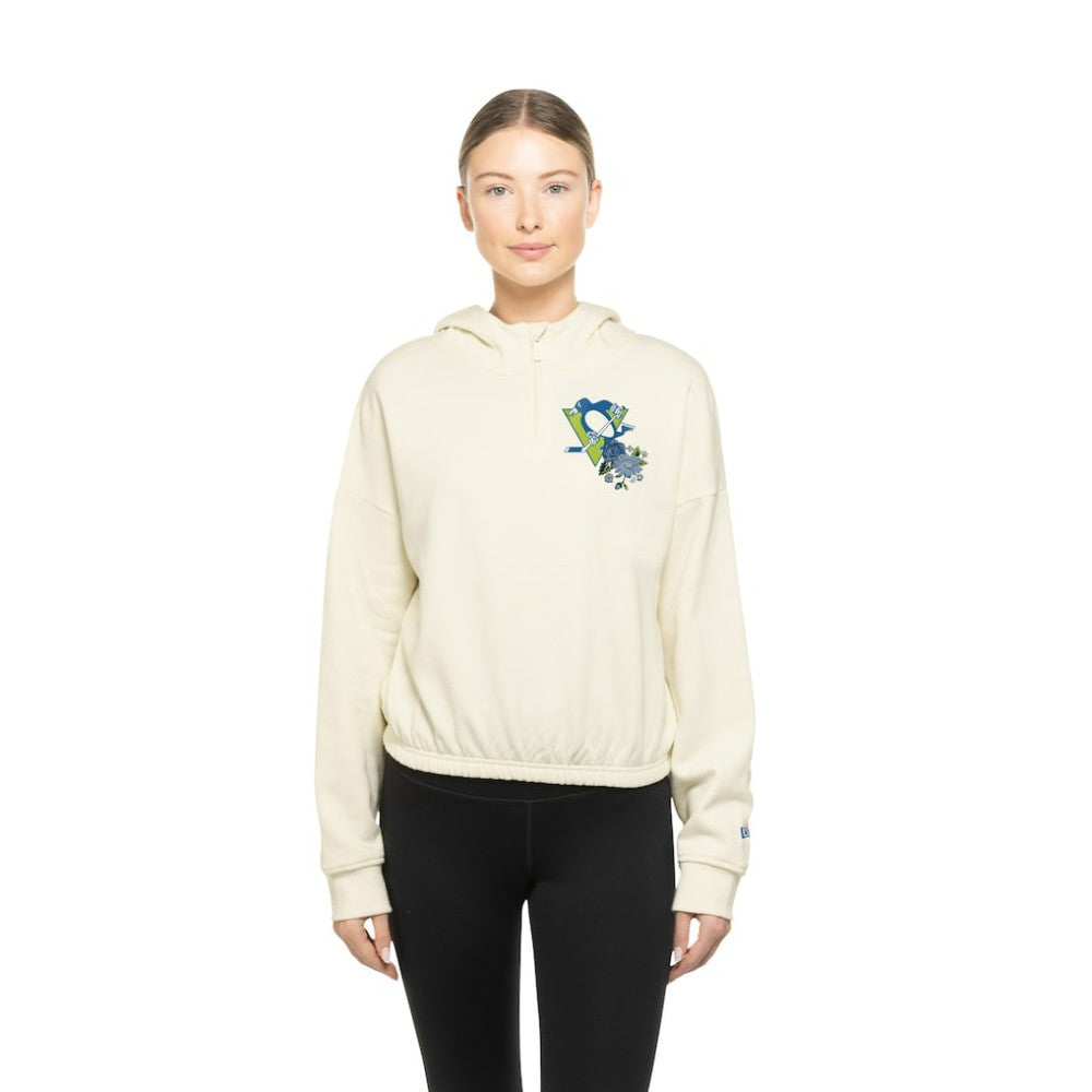 NHL Pittsburgh Penguins New Era Women's Glam Game Quarter-Zip Cropped Floral Hoodie Pullover - Cream