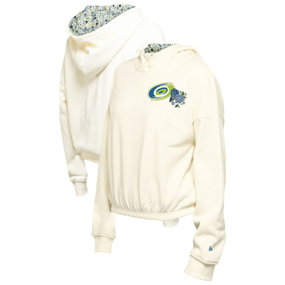 NHL Carolina Hurricanes New Era Women's Glam Game Quarter-Zip Cropped Floral Hoodie Pullover - Cream