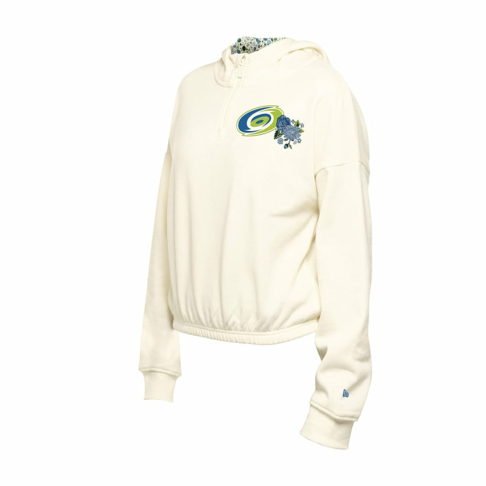 NHL Carolina Hurricanes New Era Women's Glam Game Quarter-Zip Cropped Floral Hoodie Pullover - Cream