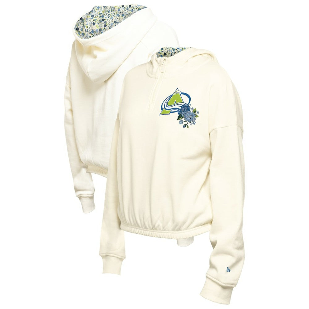 NHL Colorado Avalanche New Era Women's Glam Game Quarter-Zip Cropped Floral Hoodie Pullover - Cream