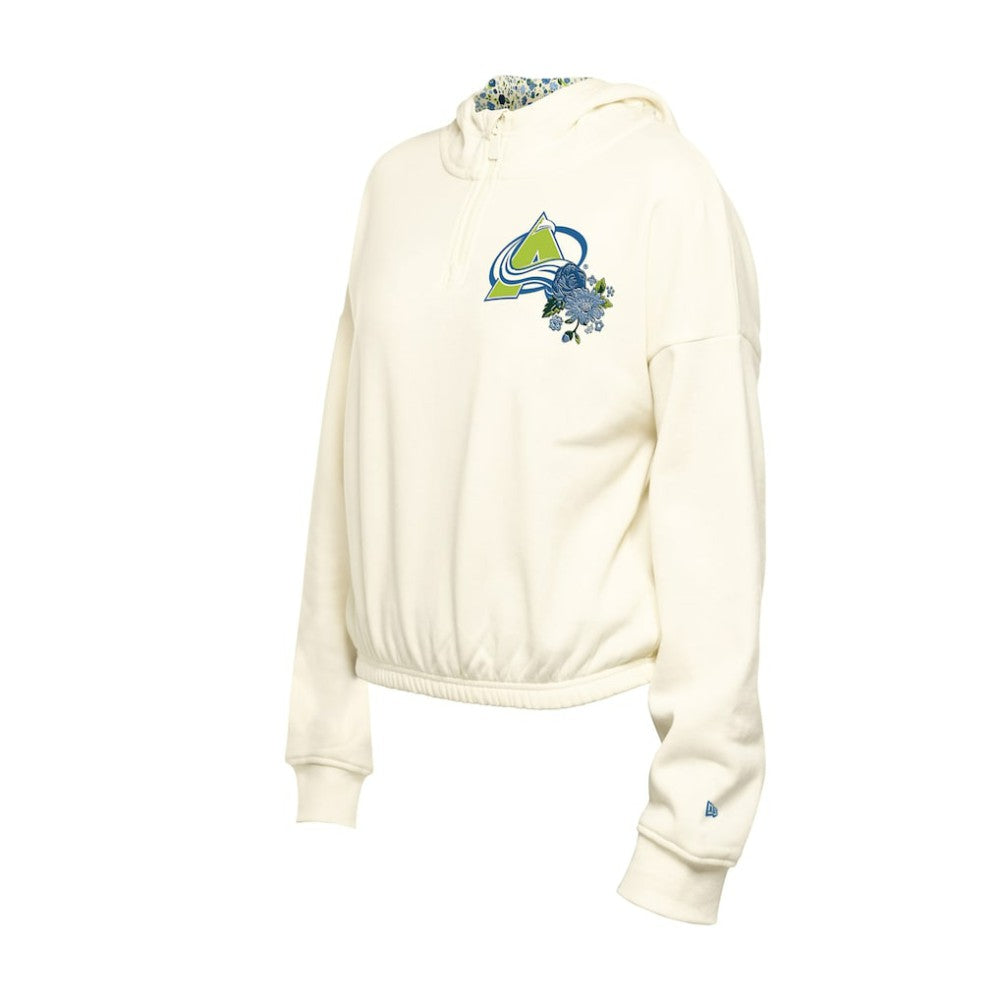 NHL Colorado Avalanche New Era Women's Glam Game Quarter-Zip Cropped Floral Hoodie Pullover - Cream