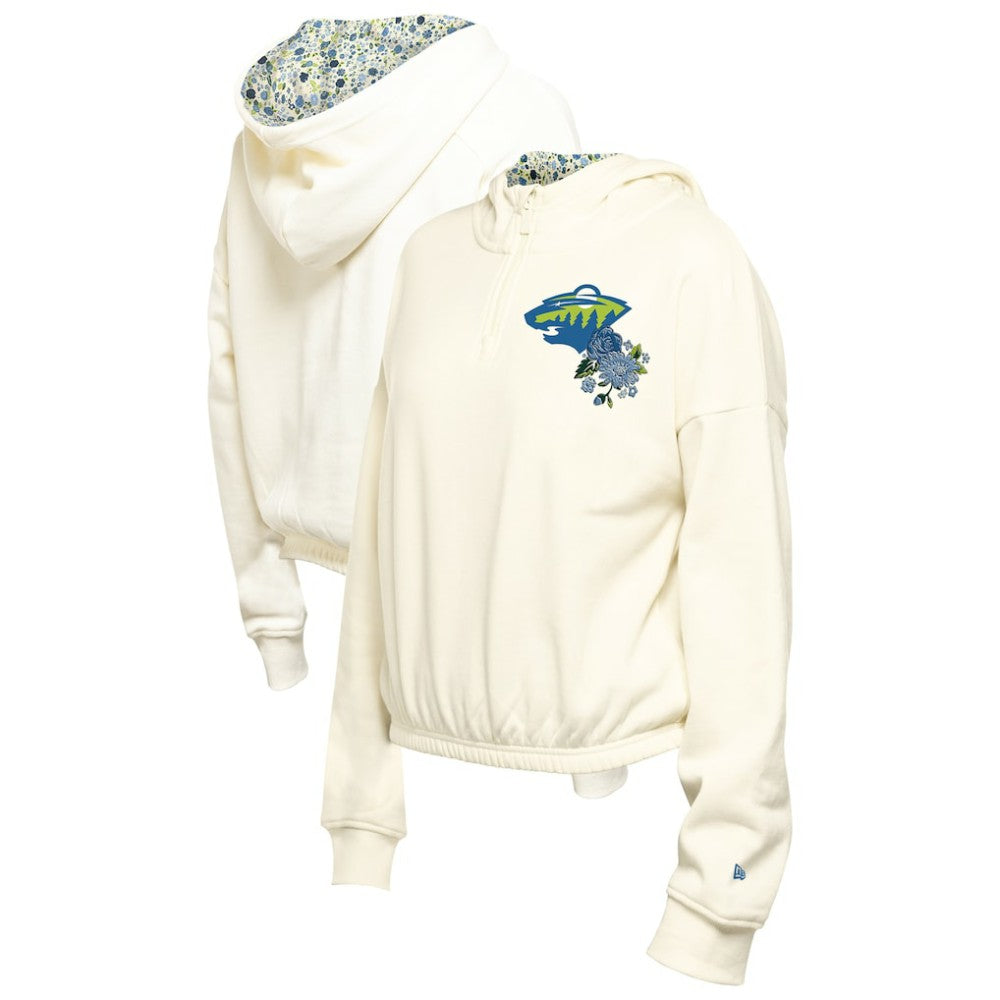 NHL Minnesota Wild New Era Women's Glam Game Quarter-Zip Cropped Floral Hoodie Pullover - Cream
