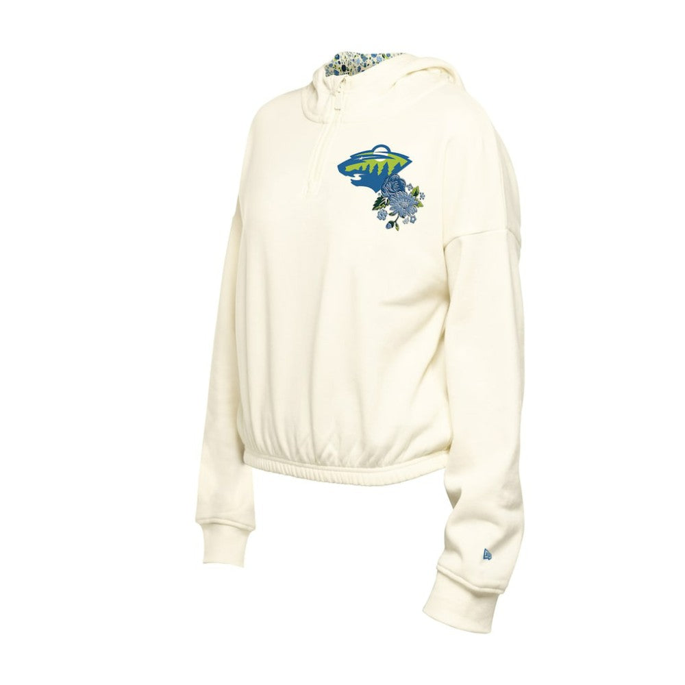 NHL Minnesota Wild New Era Women's Glam Game Quarter-Zip Cropped Floral Hoodie Pullover - Cream
